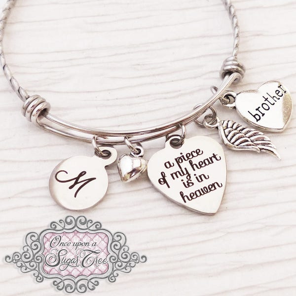 Loss of Brother Memorial Jewelry,Bracelet,Remembrance, Dad Memorial, Loss of Daughter,A piece of my heart is in heaven, wing,BANGLE Bracelet