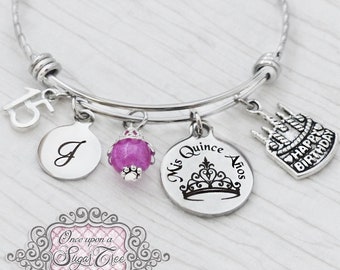 Quinceanera-present, 15-årspresent, Bokstavarmband, Personliga smycken - Mis Quince Anos, Smycken - Krona - Nummer 15, Födelsedagstårta
