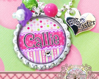 Big SISTER Necklace, Personalized Name Bottle Cap Necklace, Big Sister Charm, Birthday, Gift, New Sister, Flower Girl, Pregnancy Reveal