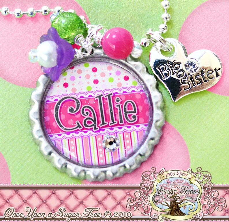 Big SISTER Necklace, Personalized Name Bottle Cap Necklace, Big Sister Charm, Birthday, Gift, New Sister, Flower Girl, Pregnancy Reveal image 1