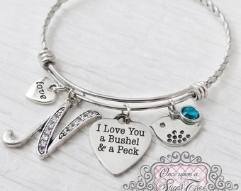 Grandma Bracelet, Mom Bracelet,Bangle Bracelet, I love you a bushel and a peck, Personalized Bangle- Birthstone Jewelry, Bird Bracelet, Love