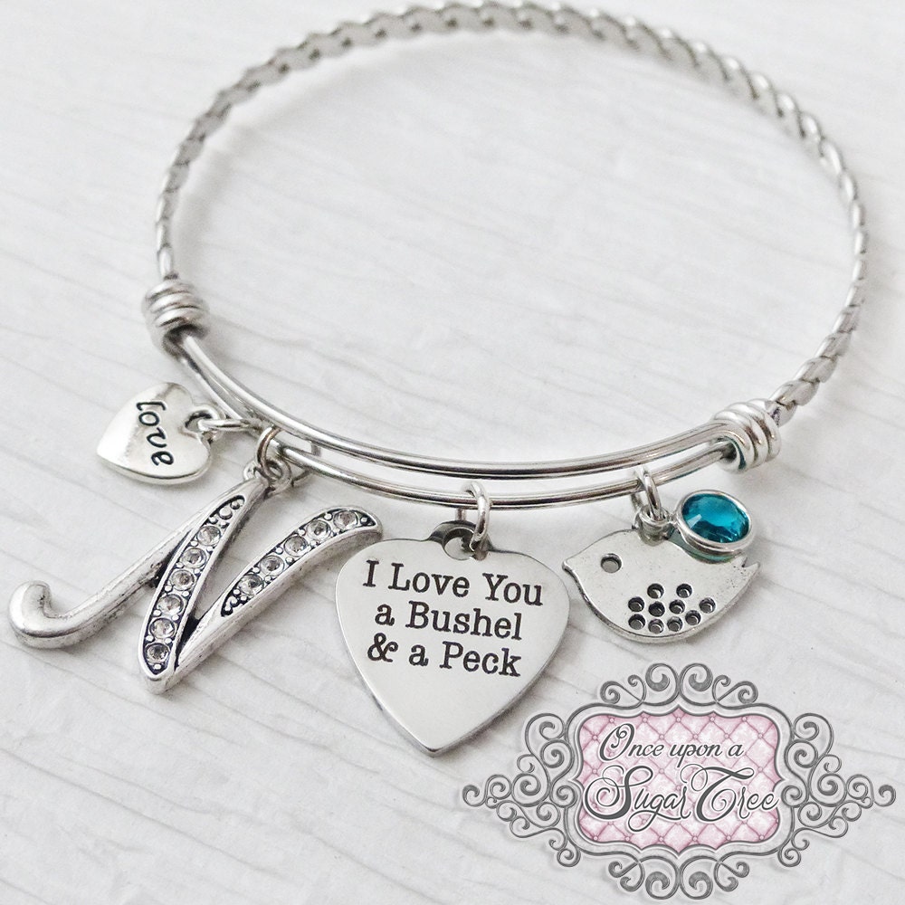 Grandma Bracelet, Mom Bracelet,Bangle Bracelet, I love you a bushel and a  peck, Personalized Bangle- Birthstone Jewelry, Bird Bracelet, Love
