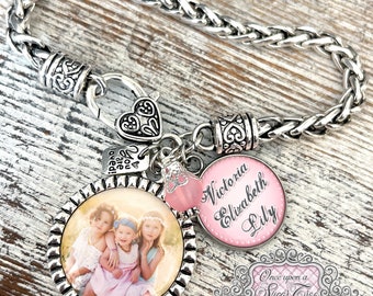 Mom Bracelet-Custom Name Bracelet with Photograph for Grandma-Godmother-Personalized Children's Names-Photo Jewelry for Moms-Christmas Mom