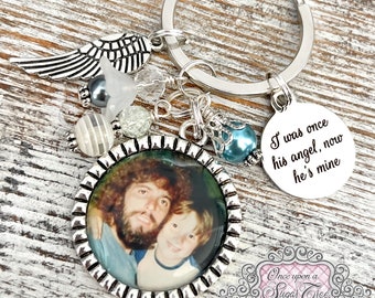 Photo Memorial Gift-Loss of Dad Keychain-I Was Once His Angel, Now He's Mine-Remembrance-Bereavement-Loss of Grandpa-Dad-Son-Uncle-Husband