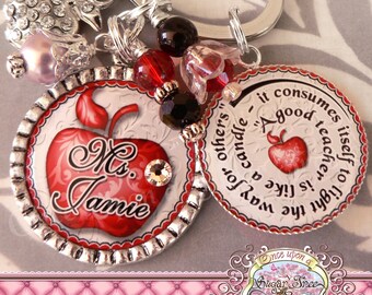 Teacher Gift Personalized Key Chain (or Necklace)- Keychain, Bottle Cap, Teacher Appreciation, Rhinestone Apple Charm, Inspirational Quote