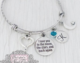 I love you to the moon and back again jewelry-Love Bracelet,Personalized Bangle Bracelet- Mother's Day gift, Moon and Star- Christmas Gift