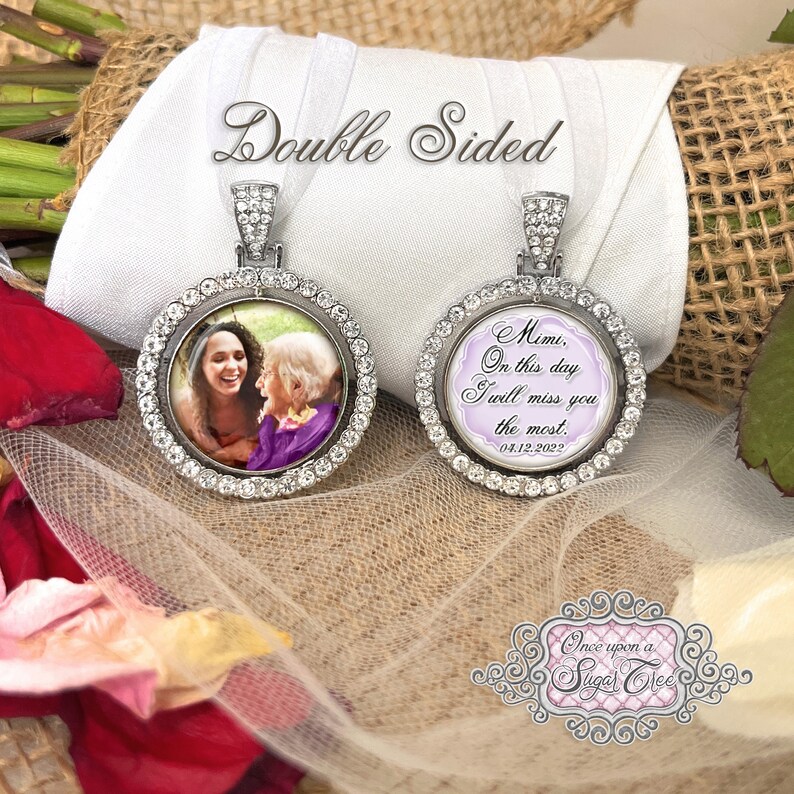 Bridal Bouquet Charm-Wedding Memorial Photo Charm-Double Sided-Loss of Grandma-Mom Wedding Remembrance Gift-Attach to Bridal Bouquet-Bridal image 7
