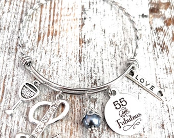 55th Birthday for Women, Birthday Jewelry, 55 and Fabulous, Friendship Bracelet, Personalized Bangle- Best Friend Jewelry, Wine Lover Gift