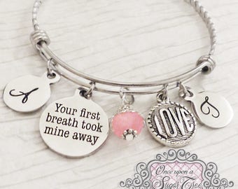 Nueva mamá regalo-joyería-Su primer aliento tomó la mía de distancia-pulsera de pulsera personalizada-regalos de Navidad para mamá, pulsera de encanto, cumpleaños, gemelos