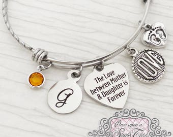 Mother's Day Gift-Birthstone Bracelet,Personalized Bangle Bracelet-Gifts for Mom from Daughter-The love between mother and daughter forever