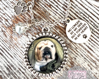 Pet Memorial Gift-Dog Photograph Necklace-Photo-Animal Memory-Remembrance-Bereavement Jewelry-No Longer By My Side But Forever In My Heart