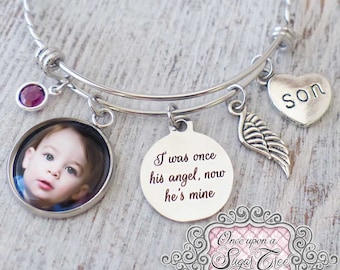 Memorial Bracelet, I Was Once His Angle Now He's Mine-Photo Remembrance Gifts-Bereavement-Condolence Gift-Loss of Son-Husband-Birthstone