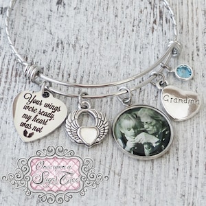 Custom Memorial Bracelet, Photo Remembrance Gifts, Sympathy Loss of Loved one, Grandma Memorial, Angel Wing, In Memory Of, Mourning, Grief