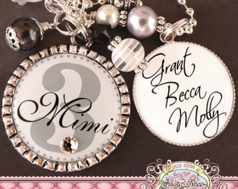 Grandmother's Double Pendant Bezel NECKLACE (or Keychain), Black and White, Children's Names, Grandma, Nana, Mom, Gift Present, Noni, Mimi