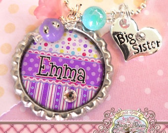 Big SISTER Necklace, Personalized Name Bottle Cap Necklace, Big Sister Charm, Birthday, Gift, New Sister, Charm Necklace, Little Sister