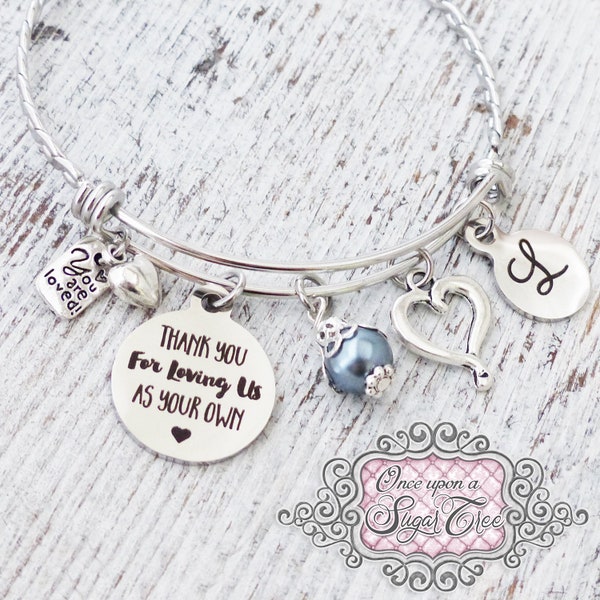 Stepmom Gift, Personalized Bangle Bracelet-Mom Jewelry-Thank you for loving us as your own- Birthday Gift for Mother, Wedding Jewelry, Love