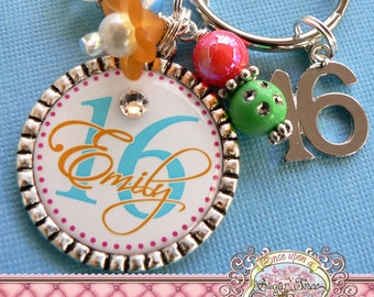 SWEET 16 Gift, Personalized Name Key Chain, Number 16 Charm, Sweet 16, Birthday Gift, Get Well, Personalized Jewelry