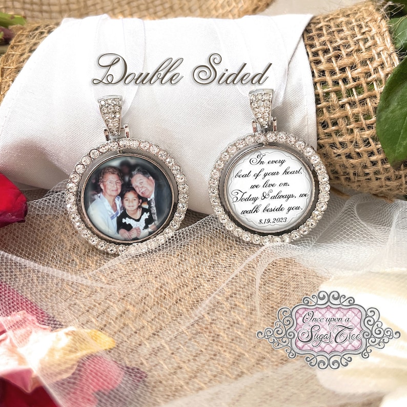 Wedding Memorial Charm-Bridal Bouquet Photo Charm-Double Sided Loss of Mom and Dad Wedding Memorial for Bride-Remembrance Gift-Keepsake image 1