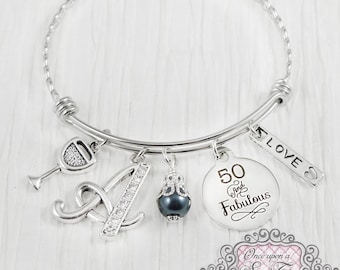 50th Birthday Gifts for Women, Birthday Jewelry, 50 and Fabulous, Friendship Bracelet, Personalized Bangle- Best Friend Jewelry, Wine Gift
