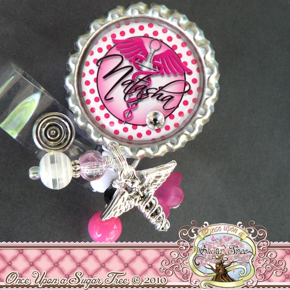 Hospital Badge Charms Custom Name Personalized Id Badge Reel, Medical Symbol, Caduceus Charm,  Phlebotomist, RN Np Nursing, Id Clip, Doctor Medical, Syringe, Pink