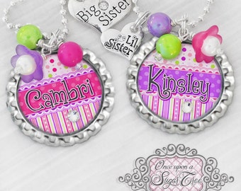 Big SISTER Little SISTER Necklaces, Personalized Name Bottle Cap Necklace, Big Sister Charm, Little Sister Charm, Birthday, Gift, New Sister
