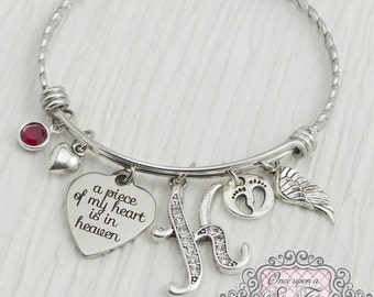 Memorial Jewelry for Women-Angel Wing Bracelet-A Piece Of My Heart Is In Heaven-Remembrance-Loss of Child Infant-Initial Bangle Bracelet