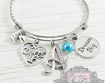 16th Birthday Gift, SWEET 16 GIFT, Sixteen, Letter Bangle Bracelet, Personalized Jewelry- Dream Big, Sweet 16 Jewelry,  Heart, You are loved