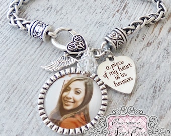 Photo Memorial Bracelet, Memorial Gift, Photo Loss Of Loved One Bracelet, A Piece of my Heart is in Heaven, Angel Wing Jewelry, Bereavement