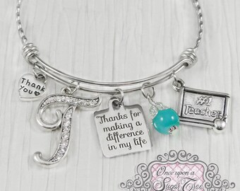 Personalized Teacher Gift, Bangle Bracelet-Teacher Appreciation-Thank you for making a difference Gift, #1 Teacher charm, Thank you Charm