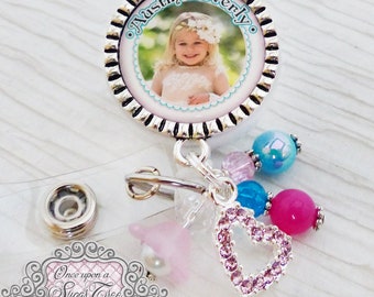 Personalized Photo Badge Reel, Baby Photograph, Heart Charm, RN Np Nursing, Id Clip, Doctor Medical, Hospital, Teacher, School, Children