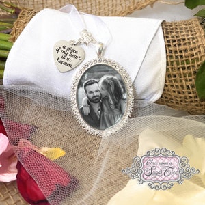 Photo Bouquet Charm-Bridal Photo Charm-A Piece Of My Heart Is In Heaven-Custom Photo-Remembrance-Attach to Bridal Bouquet-Wedding Keepsake