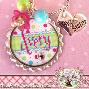 Big SISTER Necklace, Personalized Name Bottle Cap Necklace, Big Sister Charm, Birthday, Gift, New Sister, Flower Girl, Pregnancy Reveal image 2