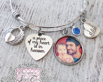 Dad Memorial Gift, Custom Photo Remembrance Jewelry, Grief and Mourning Gifts-A piece of my heart is in heaven, Angel Wing, Birthstone, Son