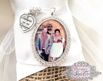 Siempre en mi Corazon-Wedding Memorial Photo Bouquet Charm for Bride-Loss of Loved One-Personalized Custom Photo-Attach to Bridal Bouquet