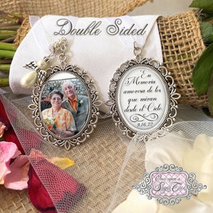 Spanish Memorial Bouquet Charm with Photo and Saying-Wedding Memory Bouquet Charm-Loss of Loved One-Attach to Bridal Bouquet-Double Sided