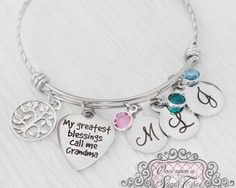 GRANDMA BRACELET- Mother's Day Gift - Birthstone Bangle Bracelet-Gifts for Grandma ,Personalized -My greatest blessings call me Grandma-Tree