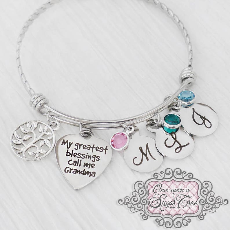 GRANDMA BRACELET Mother's Day Gift Birthstone Bangle Bracelet-Gifts for Grandma ,Personalized My greatest blessings call me Grandma-Tree image 1