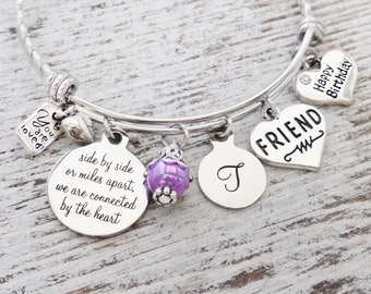 Personalized Birthday Gift for a Long Distance Friend-side by side or miles apart we are connected by the heart Bracelet, Moving Away Gift