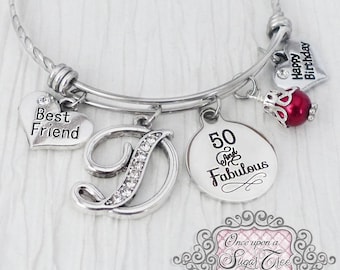 Best Friend Birthday Gift, 50th Birthday Bracelet for Women, Birthday Jewelry, 50 and Fabulous, Friend,Personalized Bangle, 30th-40th-55th