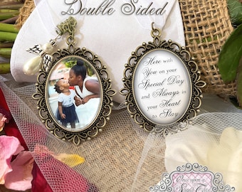 Custom Photo Bridal Bouquet Charm-Here With You On Your Special Day and Always In Your Heart to Stay-Bride Memorial Loss Gift-Double Sided