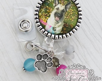 Animal Badge Reel, Custom Dog Photo, Paw print Charm, Id Clip, Loss of Pet, Memorial, Cat Badge Reel, Nursing Badge Reel, Pet Photo Reel