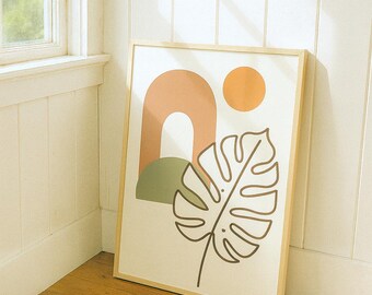 Boho Monstera Leaf Print: Abstract Arch, Sun, Minimalist Art (Digital Download)