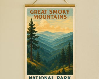 Plakat w stylu vintage z Parkiem Narodowym Smoky Mountains – dekoracja ścienna w stylu retro (do pobrania cyfrowego)