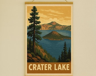 Plakat podróżniczy w stylu vintage z Parku Narodowego Jeziora Kraterowego: wydruk retro z Oregonu (plik cyfrowy)