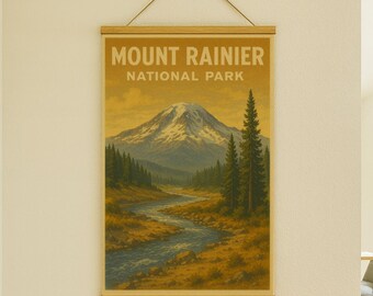 Mount Rainier Nationalpark Vintage Reise-Poster: Retro Berglandschaft Kunst (Digitaldruck)