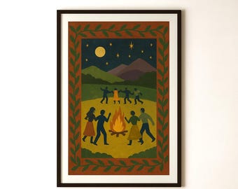 Folk Art Lagerfeuer Print: Rustikale Tanzende Menschen Illustration (Digitaler Download A2 Größe JPG)