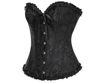 Black Jacquard Overbust Corset – Gothic Satin Bustier with Ruffled Trim & Front Steel Busk Closure