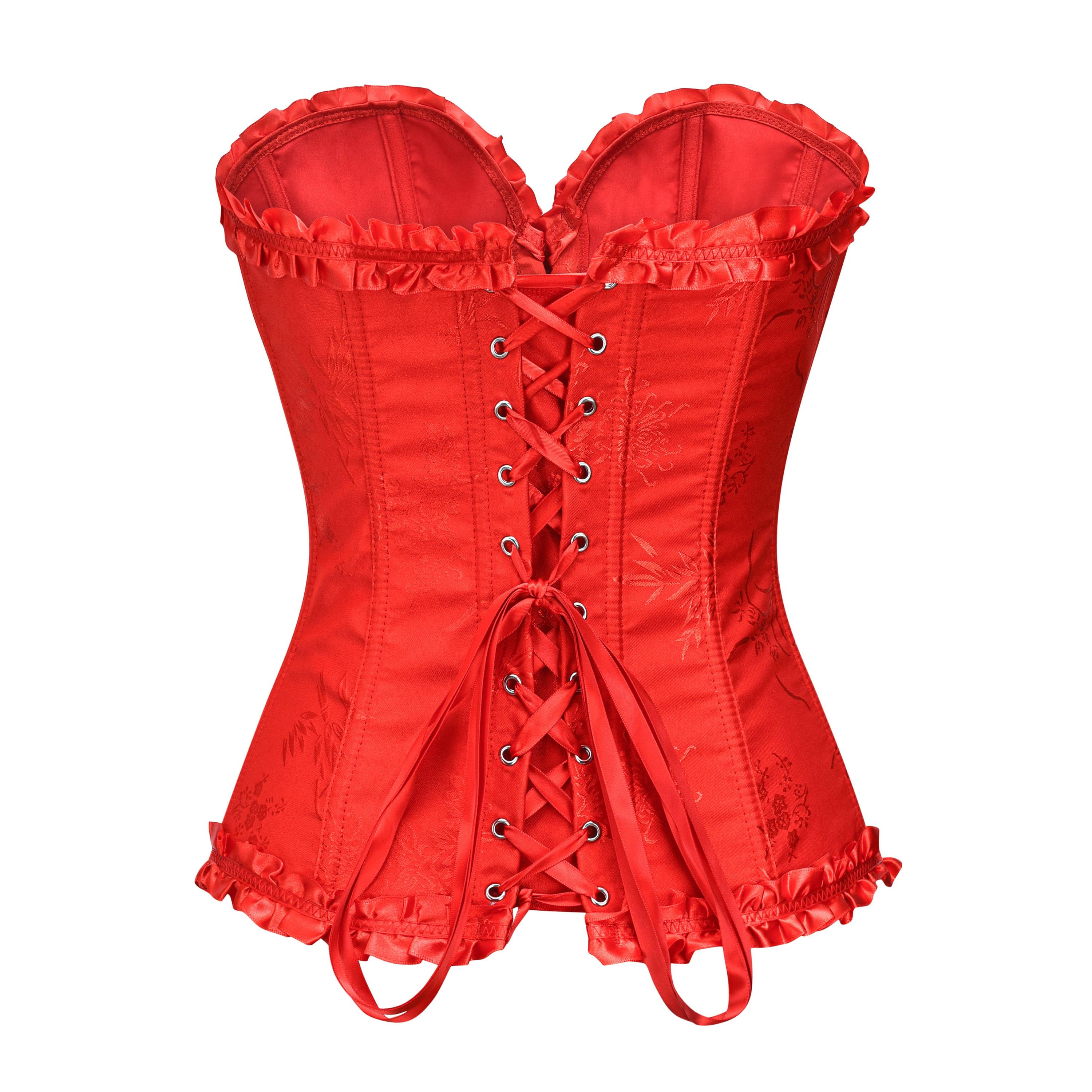 Red Satin Overbust Corset – Ruffled Bustier Top With Front Busk Closure ...