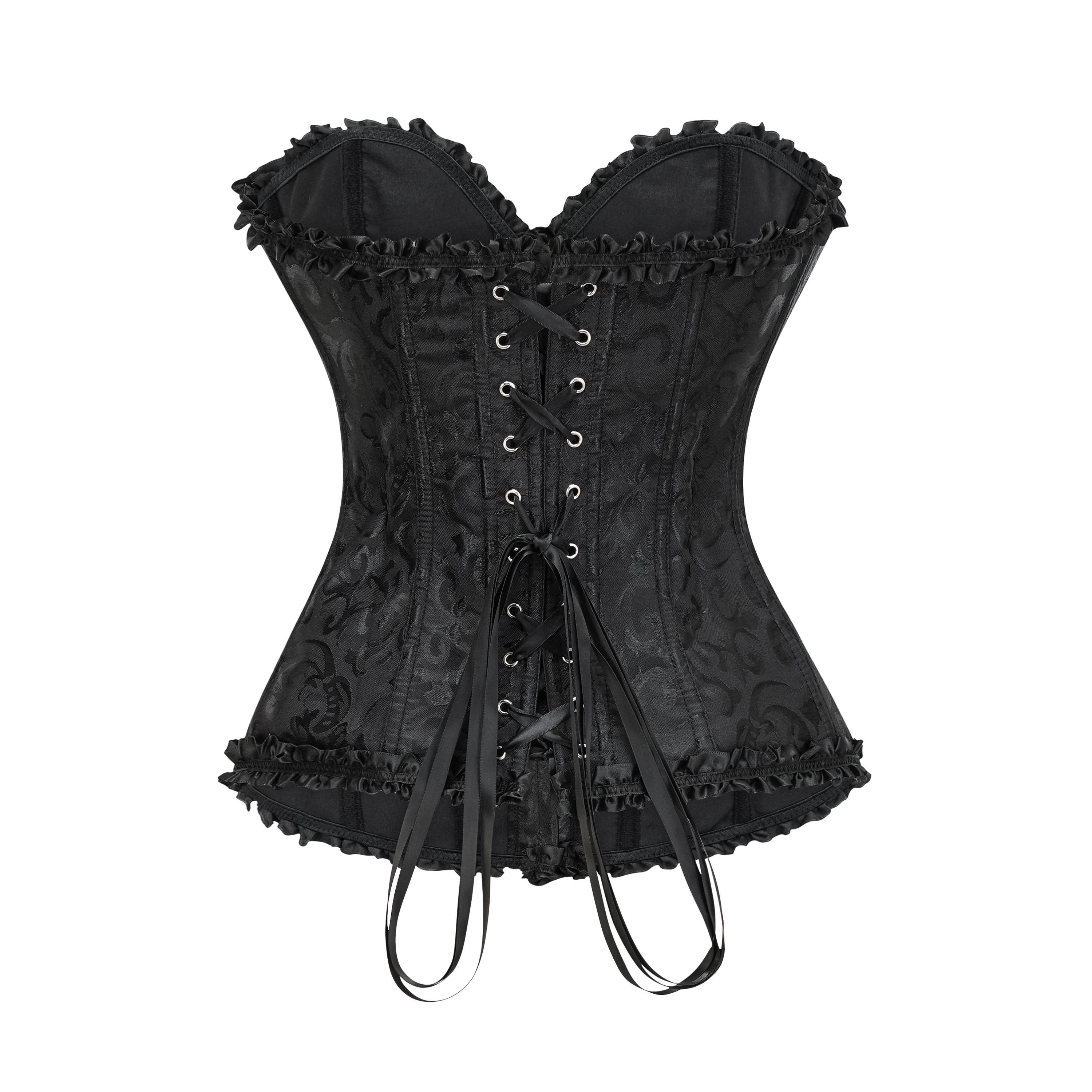 Black Jacquard Overbust Corset – Gothic Satin Bustier With Ruffled Trim ...