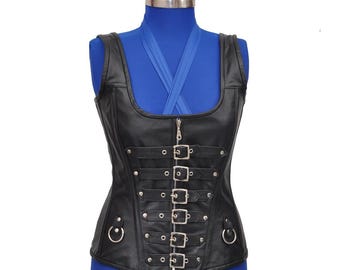 Black Leather Overbust Corset: Double Steel Boned Gothic Waist Trainer